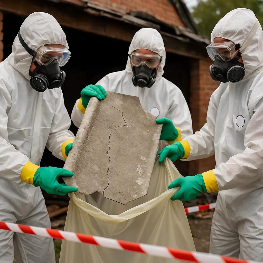 Three workers in coveralls, full-face respirators and gloves lowering a cracked cement sheet into a heavy-duty waste bag behind barrier tape