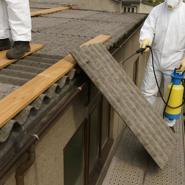 A worker damping down a corrugated roof sheet with a hand-pump sprayer while another stands on a crawling board