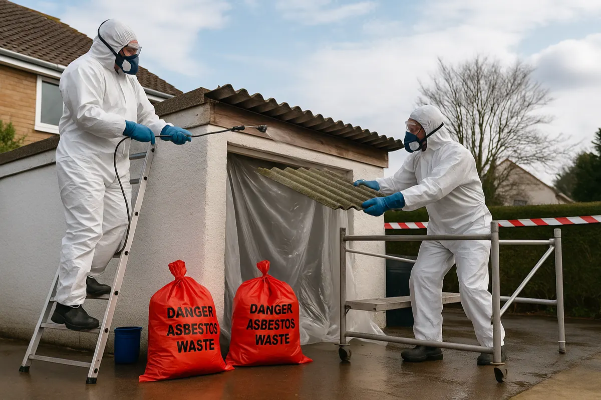 Two workers in coveralls removing a garage roof sheet, with red asbestos waste bags on the ground