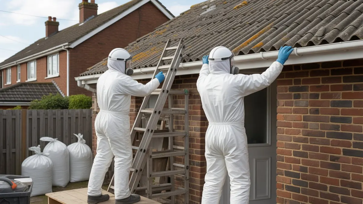 Two workers in white disposable coveralls and respirators taking corrugated sheets off a brick garage, with sealed waste sacks on the drive