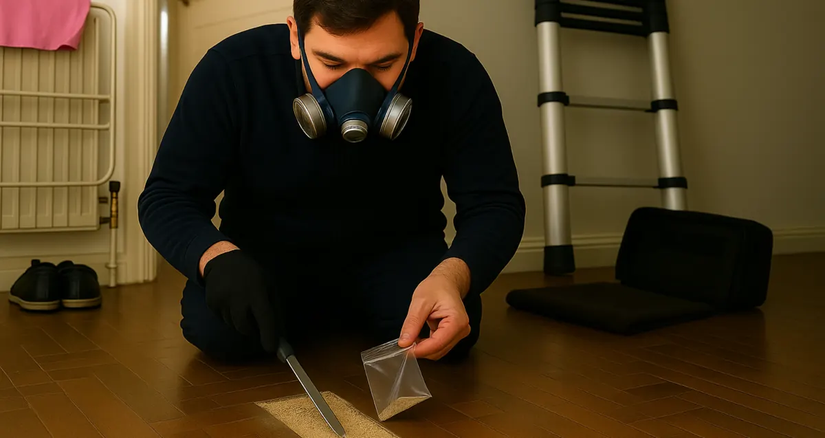 A surveyor in a respirator kneeling to take a sample from a floor, with a sample bag beside him