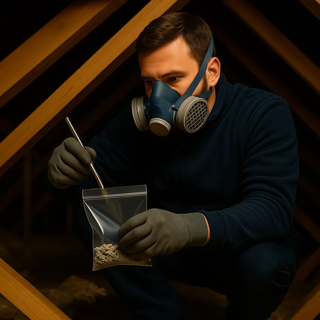 A surveyor in a respirator putting a sample of loft material into a sealed bag