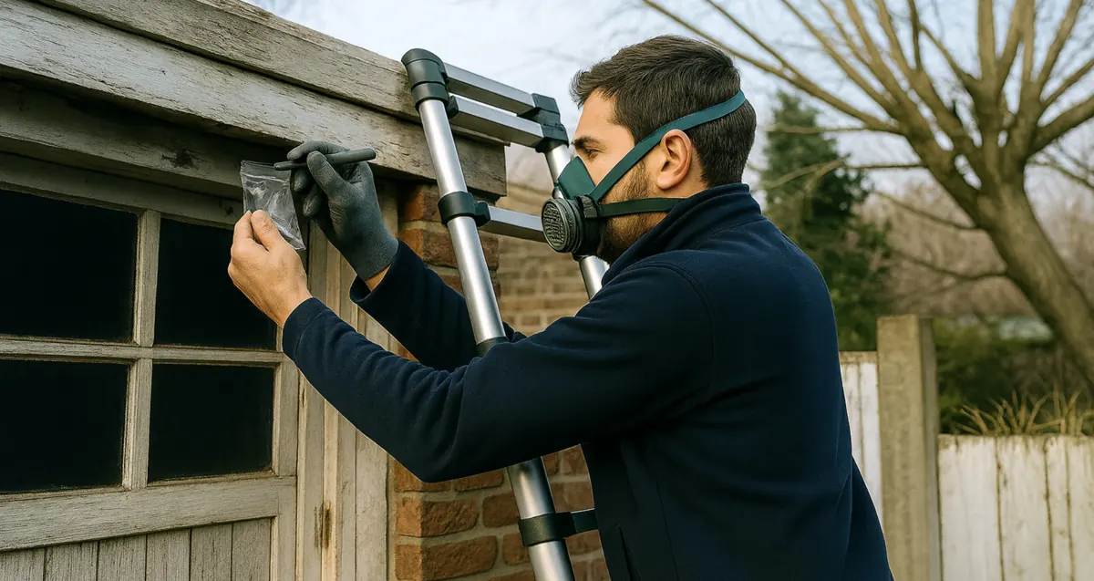 A surveyor sampling an outbuilding from a ladder