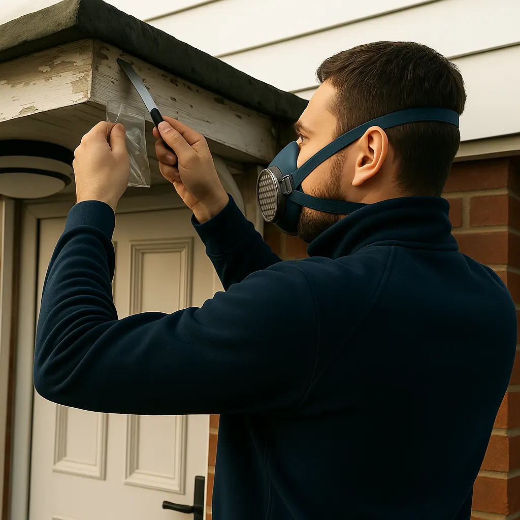 A surveyor cutting a small sample from a porch canopy board into a sealed bag