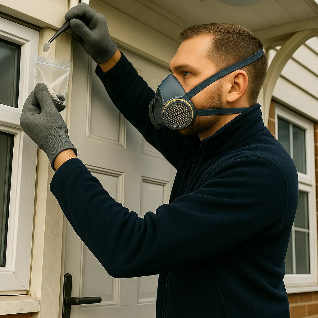 A surveyor in a respirator taking a small sample from the underside of a porch canopy into a bag