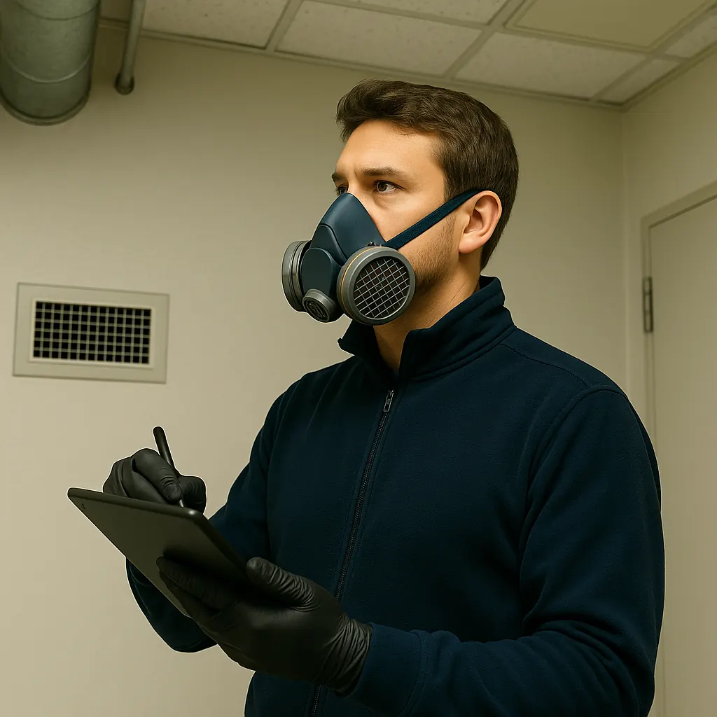 A surveyor in a respirator and gloves making notes on a tablet in a utility room